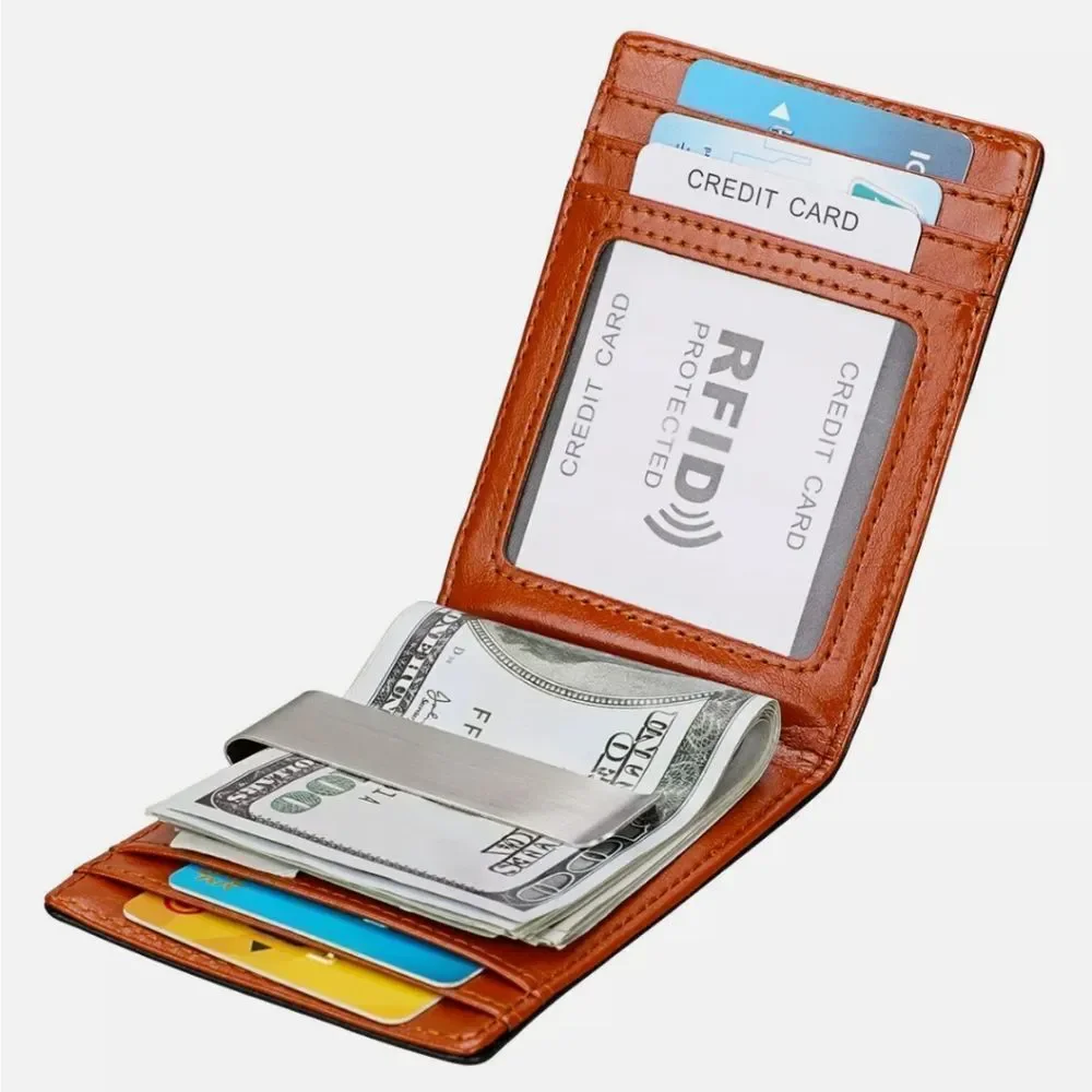 Mens Slim Wallet Minimalist Thin Front Pocket Leather Card Holder RFID Blocking